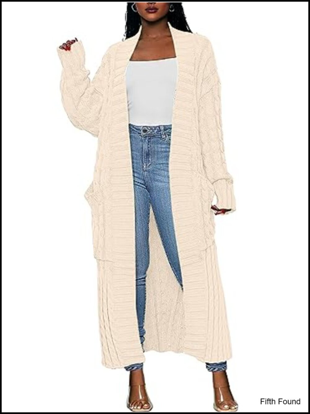Long Open Front Cable Knit Cardigan Sweater Coat w/ Pockets